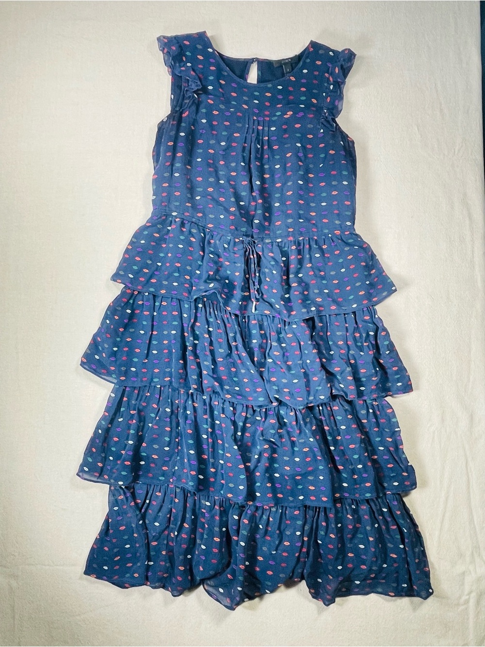 J. Crew Silk Navy Blue Tiered Midi Dress with Multi Color Lips